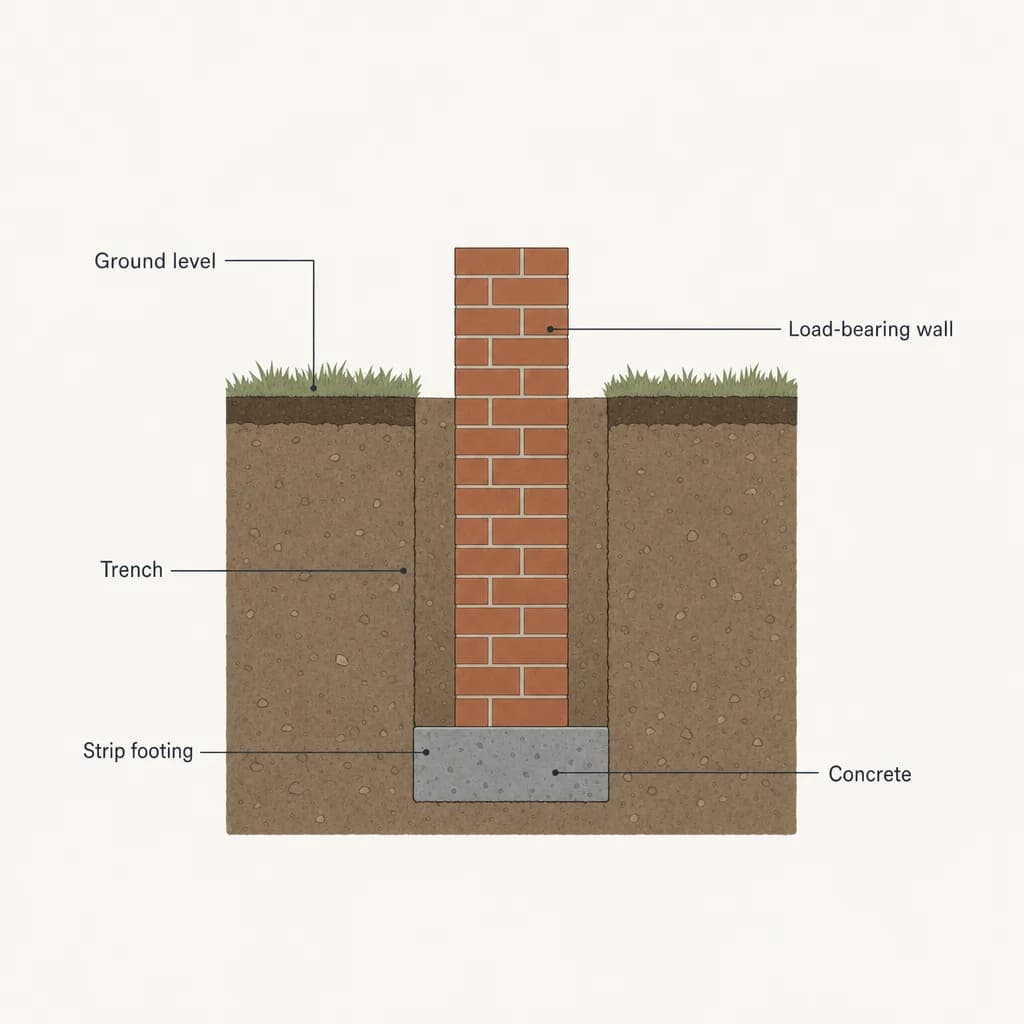 Strip foundation cross-section showing a trench dug into the ground with a narrow horizontal concrete strip footing at the bottom, a brick/blockwork load-bearing wall rising from the strip up to ground level, and backfilled soil on either side.