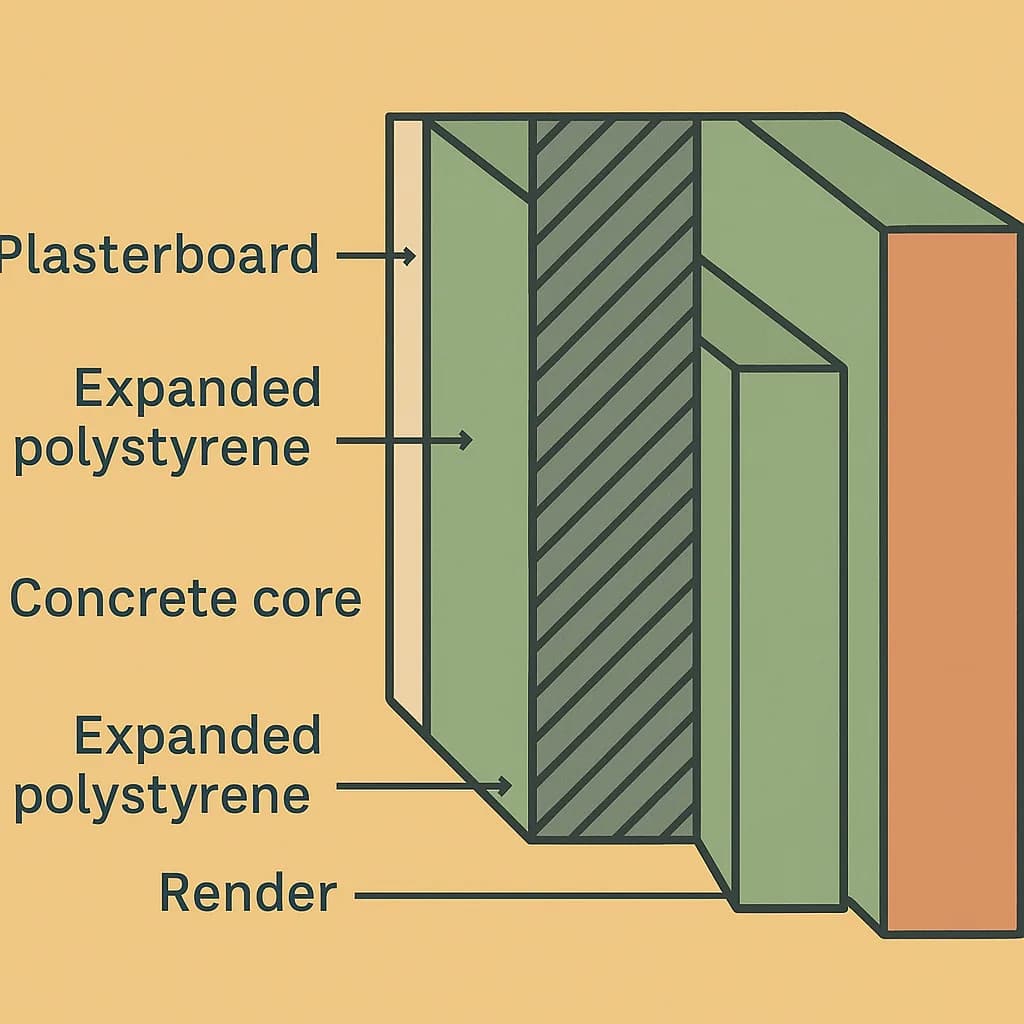 ICF cross-section: two leaves of expanded polystyrene around a central concrete core, plasterboard on the inside, render on the outside.