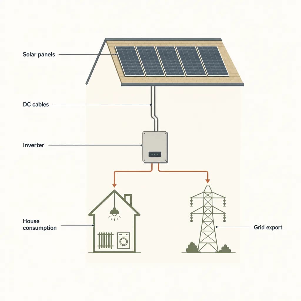 Solar PV system showing six rectangular roof-mounted solar panels with DC cables descending to a wall-mounted inverter, which then sends AC electricity to both house consumption (appliances) and grid export (transmission pylon).