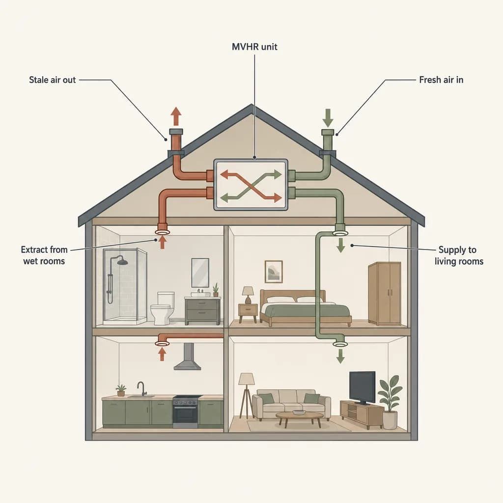 MVHR system schematic showing a house with extract ducts from wet rooms (bathroom, kitchen) on the left rising to a central MVHR unit in the loft, and supply ducts going down to living rooms (bedroom, lounge) on the right, with stale air exhausted out and fresh air drawn in from outside.