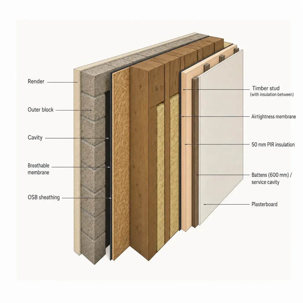 Irish masonry-clad timber frame wall in isometric cutaway view showing from outside to inside: render, 100mm outer block, 50mm ventilated cavity, breathable membrane, OSB sheathing, solid 150mm timber studs at regular intervals with insulation between them (visible at stud edges), airtightness membrane (factory-applied), 50mm PIR insulation, vertical battens at 600mm centres creating a service cavity for electrics and plumbing, and plasterboard finish on the inside.