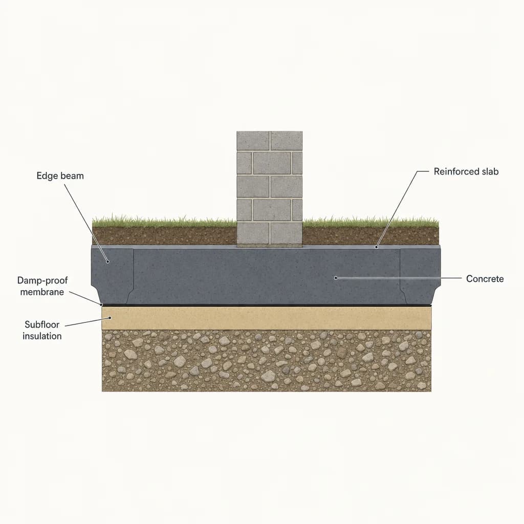 Raft foundation: one reinforced slab under the whole footprint.