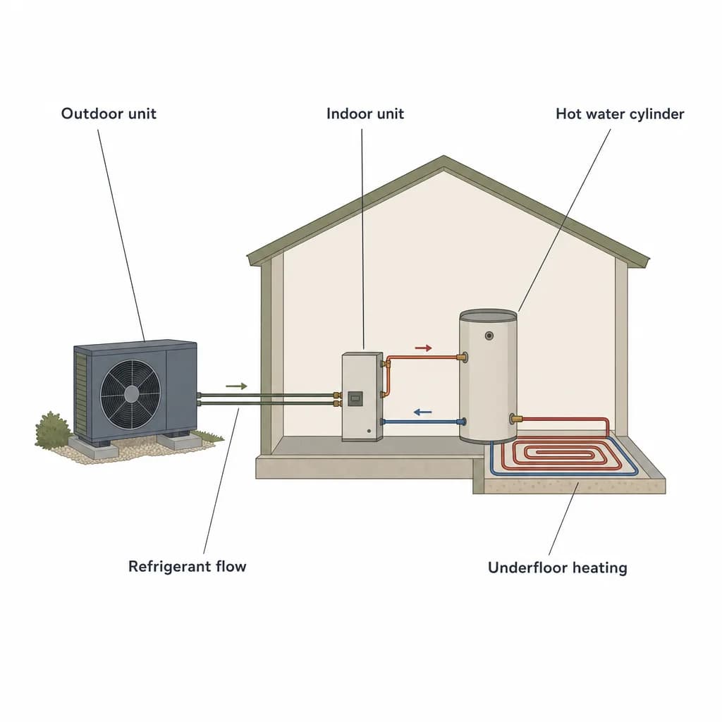Air-to-water heat pump system showing an outdoor unit with a fan connected via refrigerant flow pipes to an indoor unit, which feeds a tall vertical hot water cylinder and an underfloor heating loop in the floor.