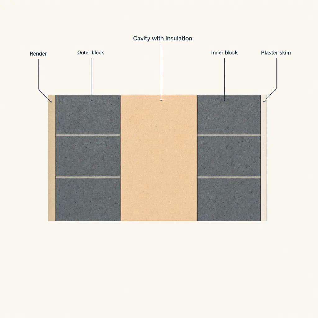 Irish cavity wall cross-section showing two concrete block leaves with a cavity filled with insulation between them. The cavity is the widest layer in the wall. Finished with render on the outside and plaster skim on the inside.